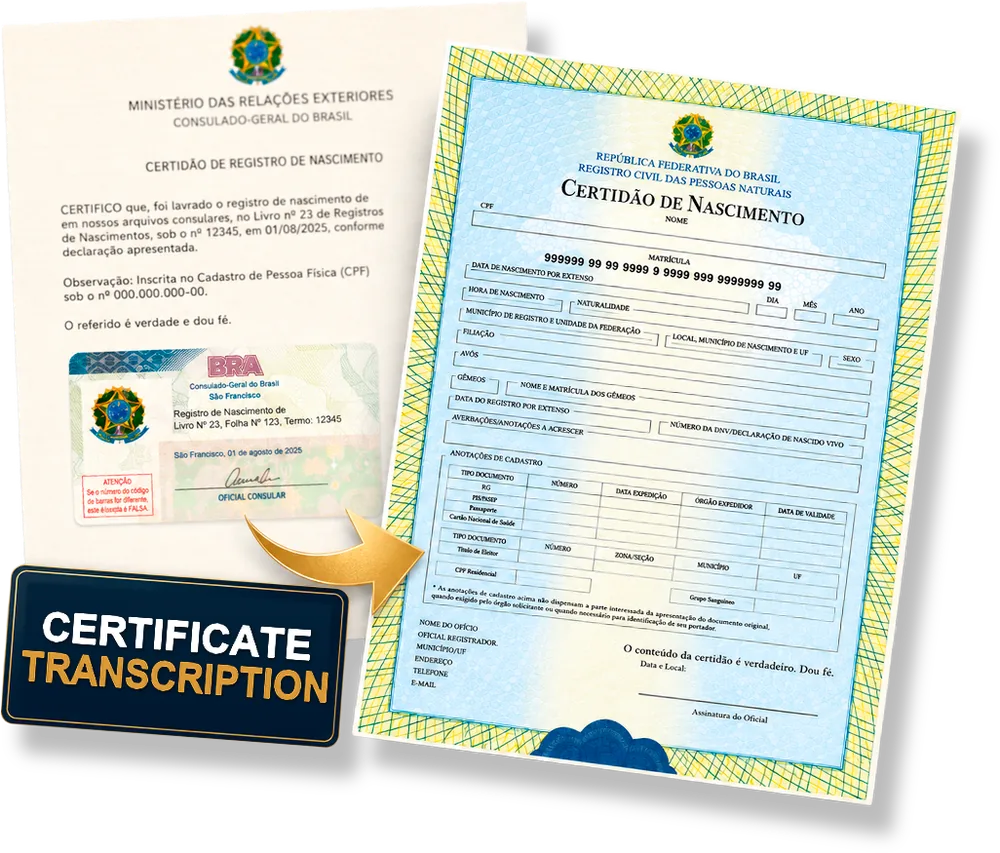 From the consular certificate to the final Brazilian certificate (sample with fictitious data)